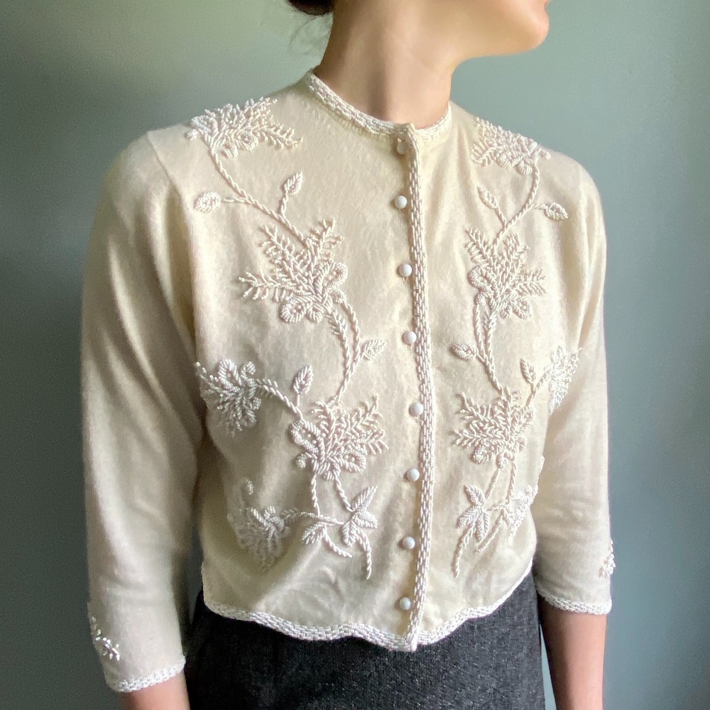 Vintage Cashmere Beaded Cardigan Sweater 50s